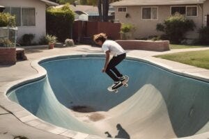Boy skateboatrding in an empty, suburban swimming pool
