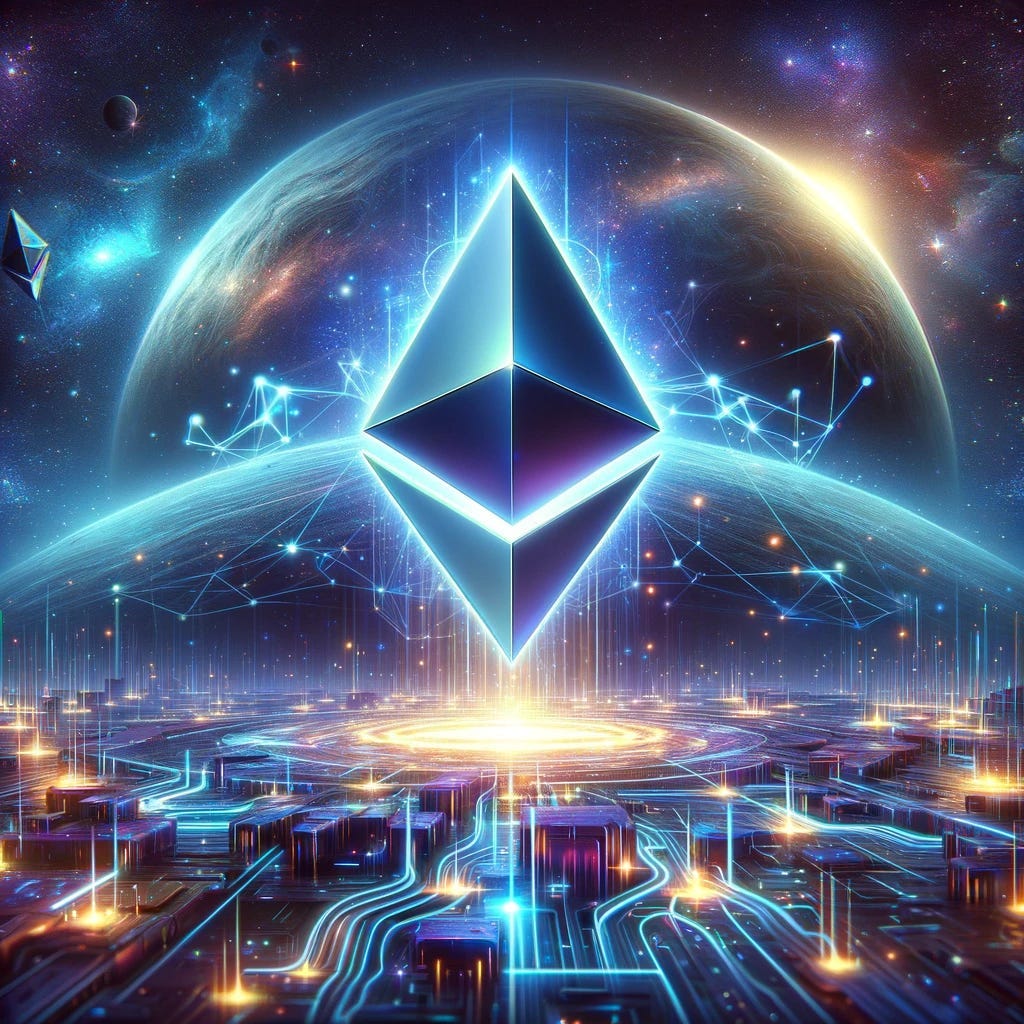 A surreal, futuristic image titled 'Enter the Ether,' featuring Ethereum as a central theme. In the center, a large, glowing, digital representation of the Ethereum logo floats in a cyberspace environment. Surrounding it are streams of glowing, neon data representing blockchain activity, flowing in and out of the logo. The background is a deep, cosmic blue, filled with distant stars and nebulae, suggesting a vast, digital universe. Ethereal light emanates from the Ethereum logo, casting a soft glow on the surrounding digital landscape.