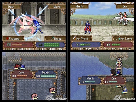 Screenshots of various top and bottom screens of Shadow Dragon on the DS, all featuring Marth in battle. Sometimes in the full-on battle animations, sometimes in the basic, map-only form.