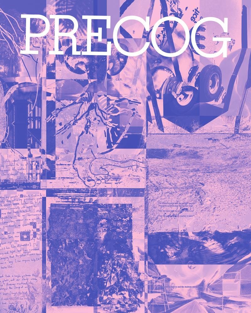 Pink and purple squares of images collaged together showing leaves, branches, tires, among other images; the word Precog is displayed at the top of the frame, denoting...that this is a cover for Precog magazine