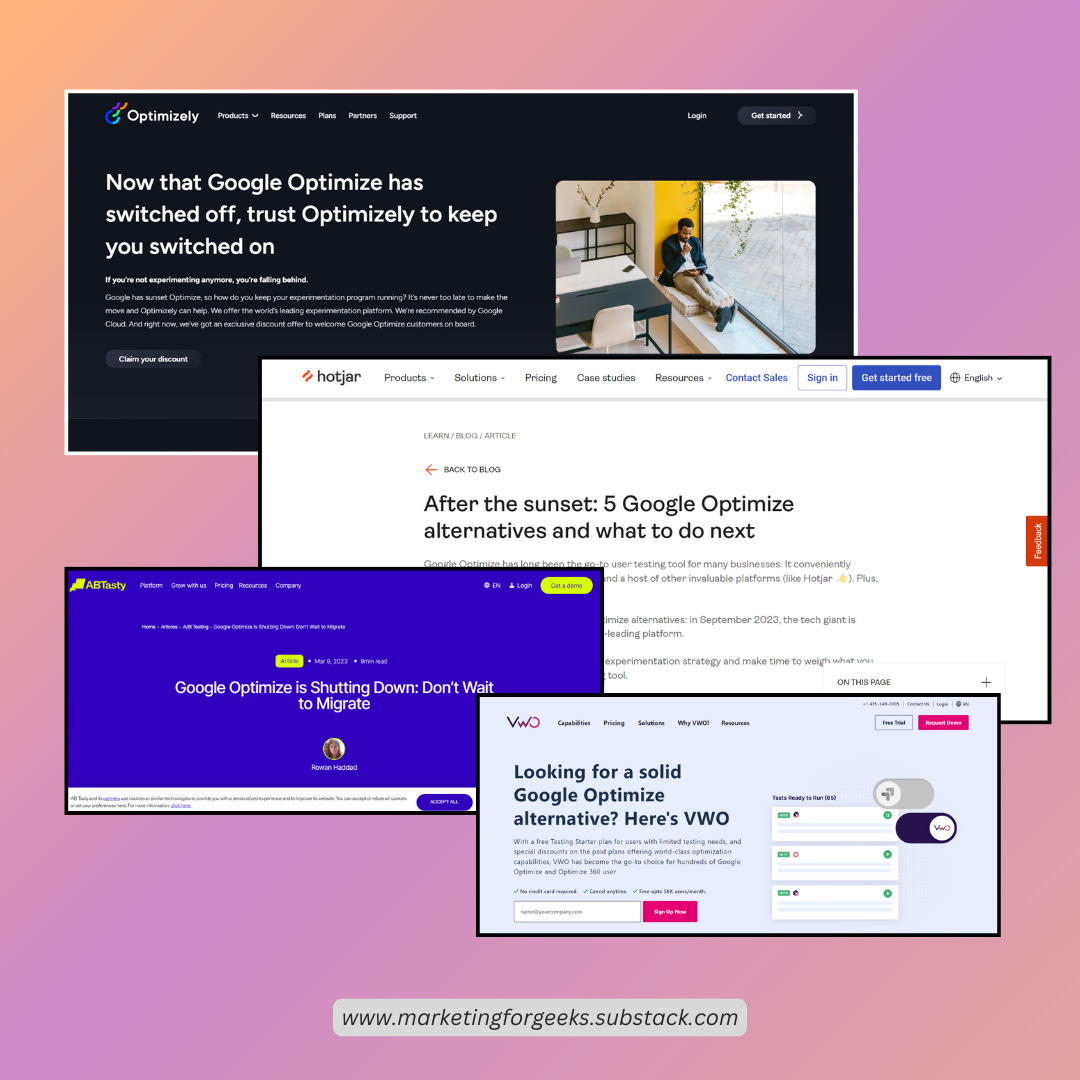 screenshots from pages on Optimizely, Hotjar, ABTesty, and VWO, targeting former users of Google Optimize and encouraging them to migrate