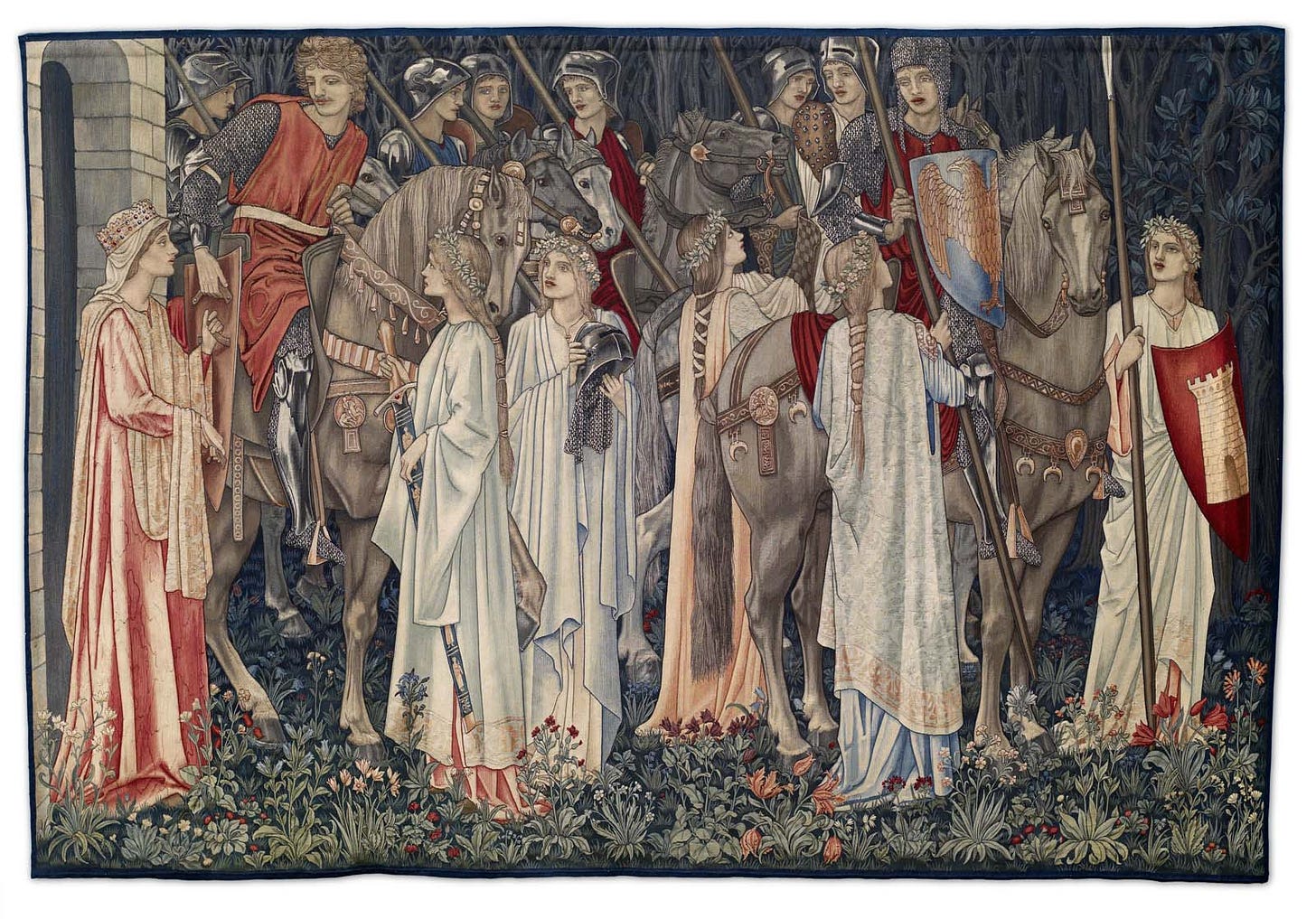 tapestry depicting mediaeval knights on horseback attended by willowy women with long robes and long braided hair with garlands