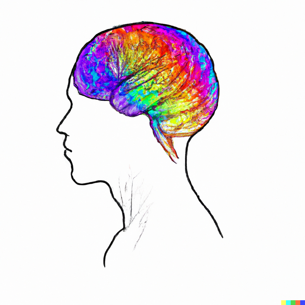 Abstract consciousness art depicting a colorless profile of a person with a very colorful brain overlay