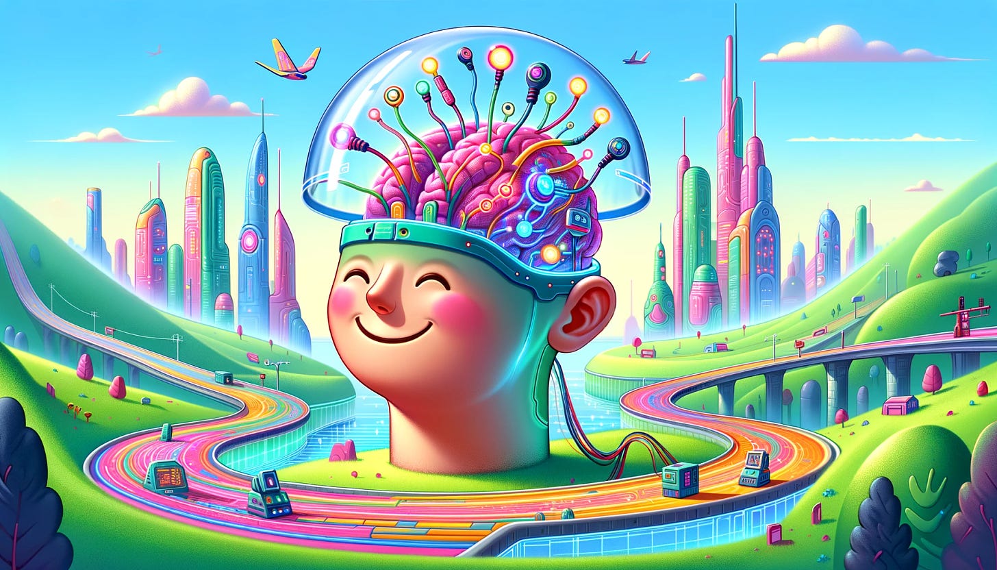 A whimsical and brightly colored landscape depicting a generic person with a futuristic brain implant technology, inspired by Neuralink. The image should be lighthearted and comical, with the brain implant exaggerated in size and design for humorous effect. The person is depicted in a cheerful, almost cartoonish style, with an oversized, transparent dome on their head showcasing the implant as a tangle of colorful, glowing wires and miniature gadgets. The background features a futuristic cityscape, conveying a sense of advanced technology and innovation. The overall tone is fun and imaginative, with vibrant colors and a playful approach to the concept of brain-computer interfaces.