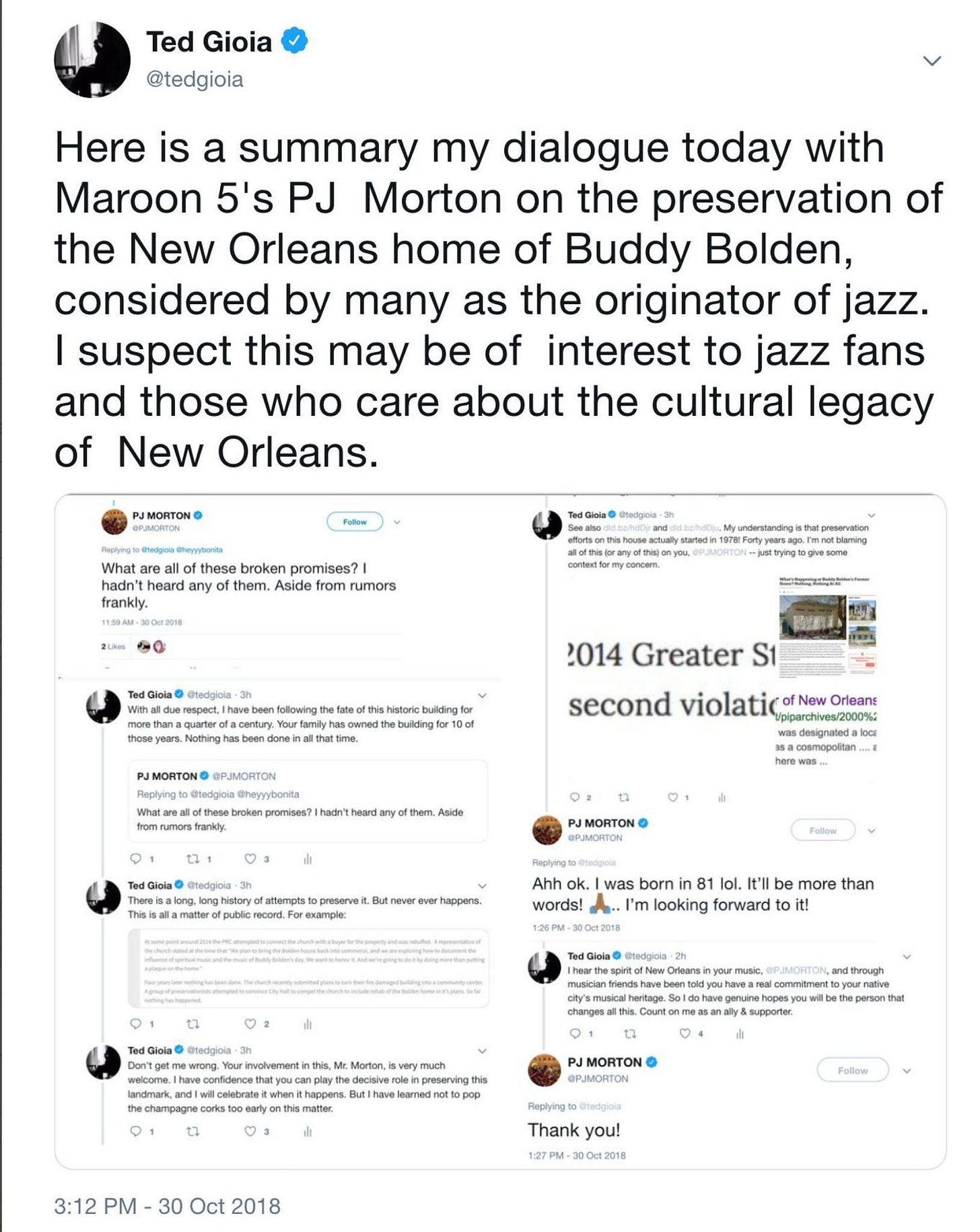 Tweets from PJ Morton about the Buddy Bolden house