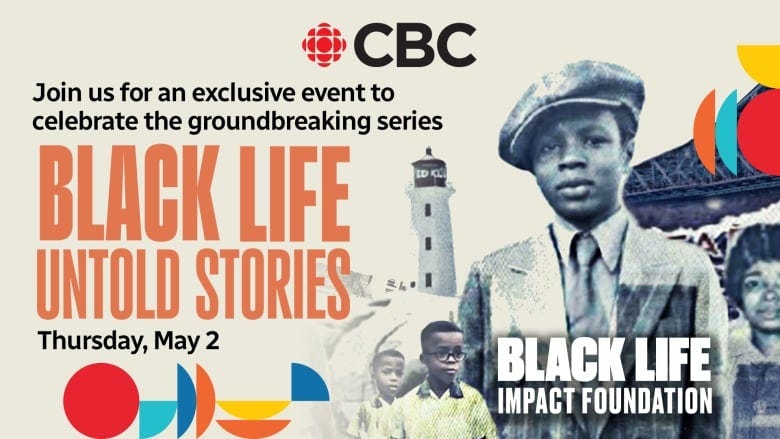 Promotional graphic with a black and white image of young people from archived photos, a lighthouse and the words: Join us for an exclusive event to celebrate the groundbreaking series Black Life Untold Stories, Thursday May 2, and Black Life Impact Foundation.
