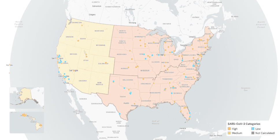 Graphic depicts a map of the United States separated into four regions: West, Midwest, South, and Northeast. A key in the lower right corner titled “SARS CoV-2 Categories” indicates concentration levels: orange for high, yellow for medium, blue for low, and gray for not calculated. The Northeast, Midwest, and Southern regions are shaded orange. The West is shaded yellow. There are individual wastewater treatment plants, indicated by dots, scattered across the map. The dots follow the same color key as concentration levels. In the West, most dots are concentrated along the coast of California and many dots are blue. In the Midwest and South, dots are spread farther apart with mostly orange and some blue dots. In the Northeast, dots are closer together and the majority are orange and yellow.