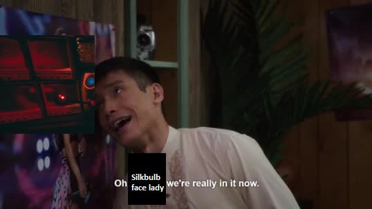 An edited version of the "oh Ariana we're really in it now" moment from The Good Place, except Ariana has been overlaid with a screenshot of the lady from the Silkbulb Test and the text says "oh silkbulb face lady we're really in it now."