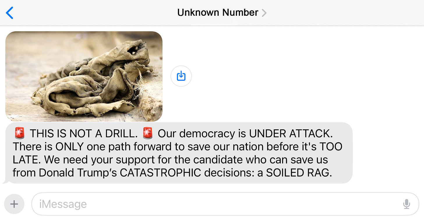 A screenshot of a fundraising text message that includes a photo of a dirty rag