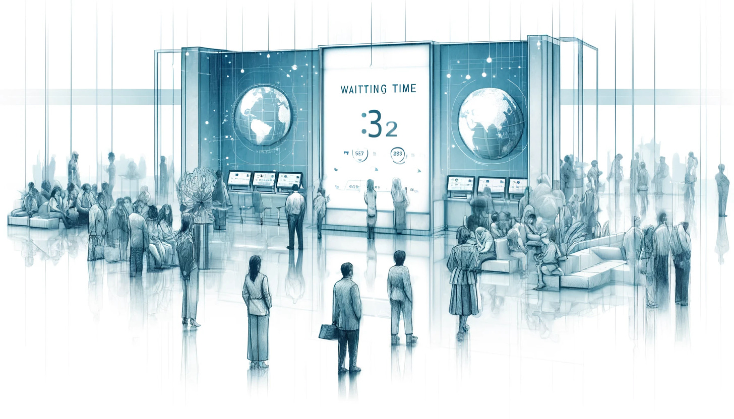A futuristic, minimalist and elegant ink wash sketch on a white background with light blue tones, depicting the concept of Virtual Waiting Rooms and Waiting Time Estimates in a widescreen layout. The scene shows diverse global e-commerce customers interacting with digital displays that dynamically show waiting times. These displays are seamlessly integrated into a sleek, modern environment, enhancing customer satisfaction and implying a positive impact on revenue. The artwork captures a serene and efficient atmosphere.