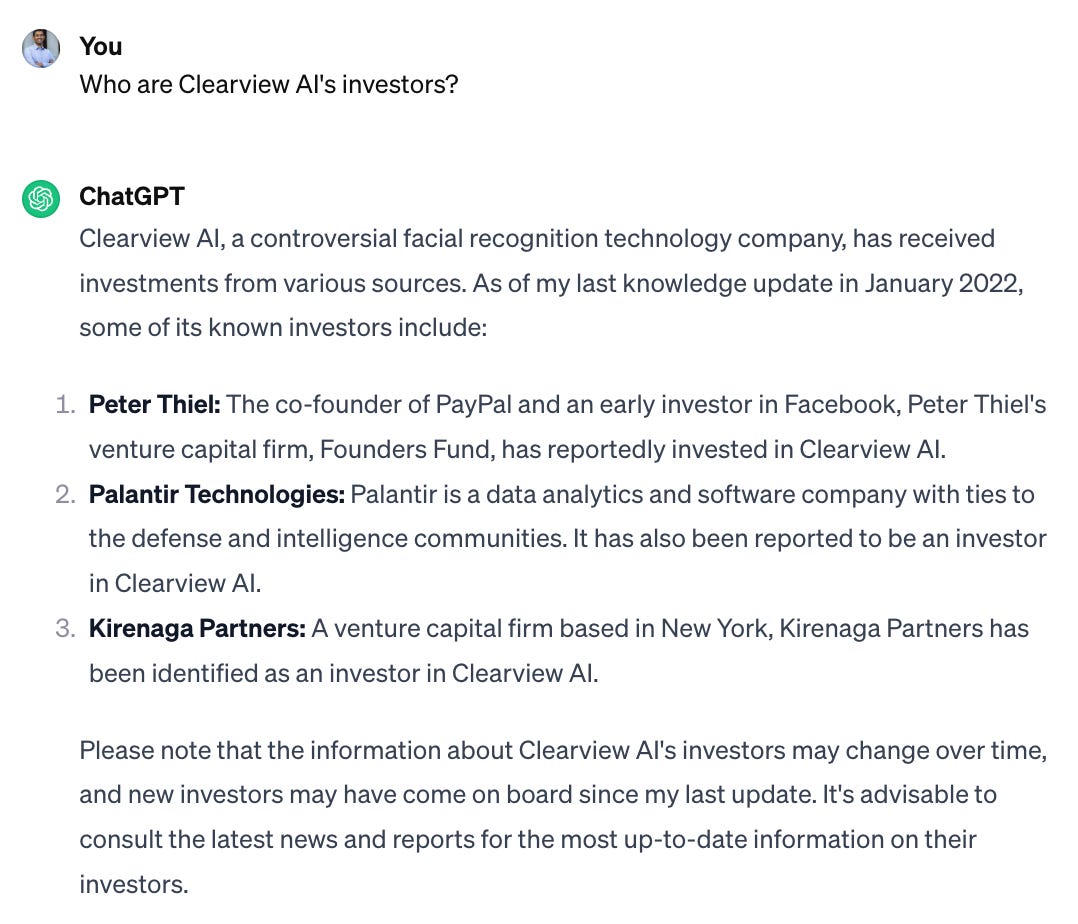 Screenshot of a ChatGPT conversation about Clearview AI's investors.