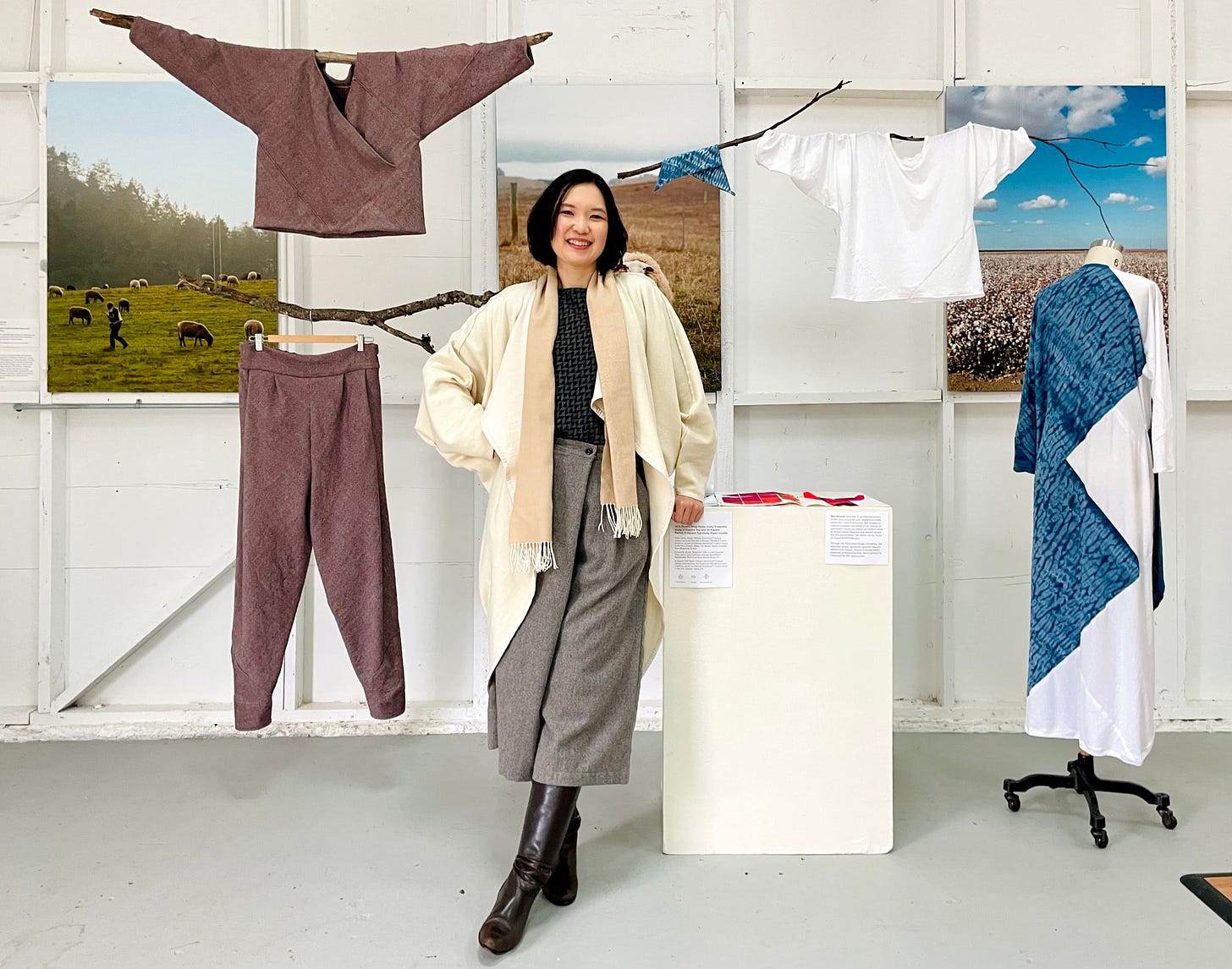 Mira Musank and her four garment prototypes at Fibershed Design Challenge final showcase, Spring 2024.