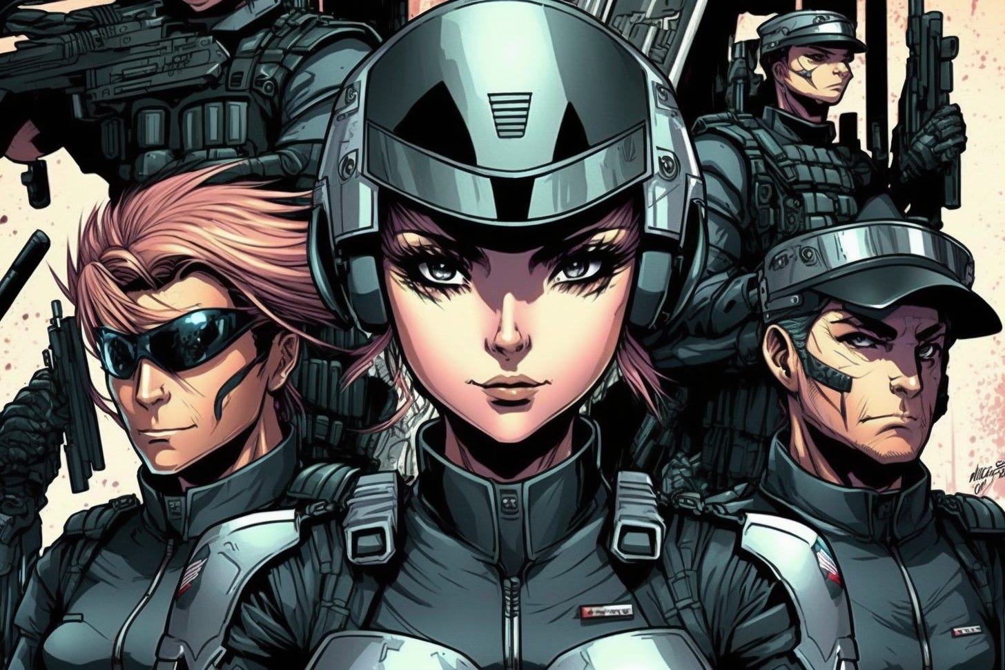 futuristic comic book paramilitary squad. Manga style.