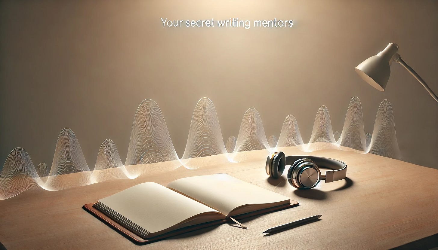 Minimalist scene of an open notebook on a wooden desk with a pair of headphones beside it, softly illuminated by warm light. A gentle wave of sound emanates from the headphones, symbolizing the flow of inspiration and knowledge through audiobooks and podcasts.