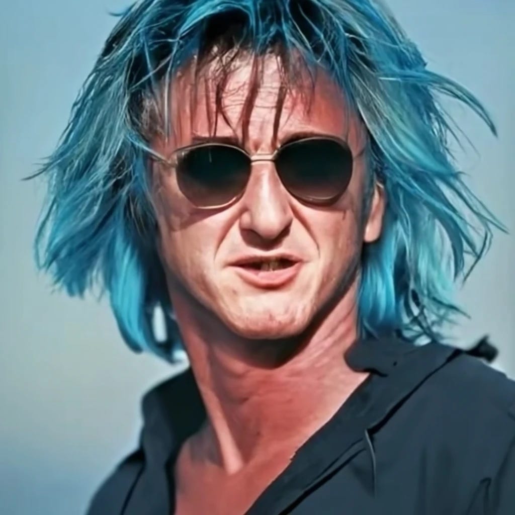 Young Sean Penn with long blue hair wearing sunglasses was a surfer dude