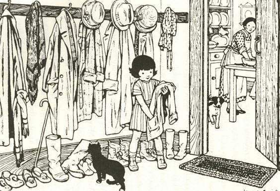 This may contain: an old black and white drawing of a boy looking at his dog in the closet
