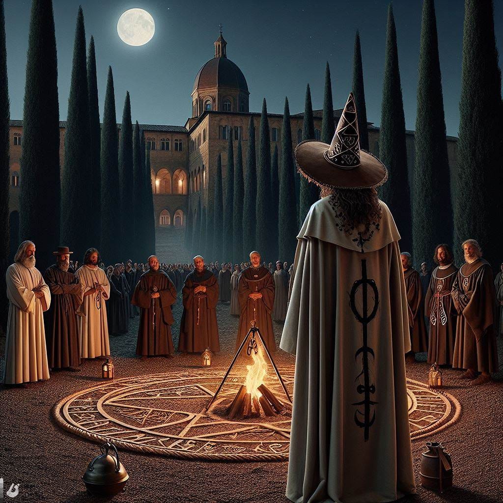 show me a wide shot photo of florentine Renaissance men and grand duke francesco I de’ Medici outside in a Renaissance garden at night with many cypress trees and a palace in the background watching a necromancer magician wearing a miter hat with pentagrams and astrological symbols on it standing in a circle of rope on the ground conjuring demons. there are braziers of coal and tar and a metal bell on the ground too