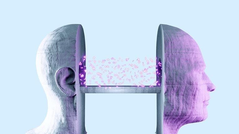 A profile of a 3d head made of concrete that is sliced in half creating two separate parts. Pink neon binary numbers travel from one half of the a head to the other by a stone bridge that connects the two parts.