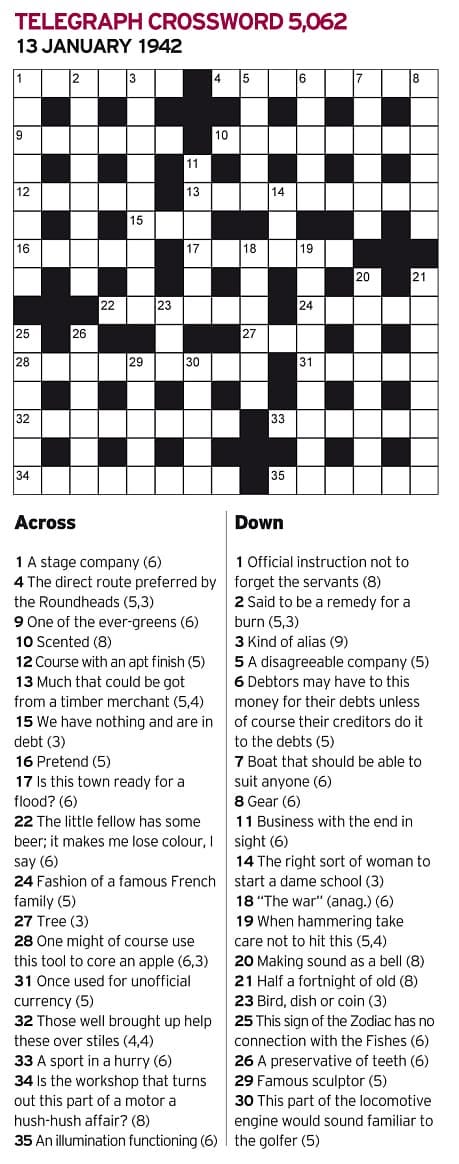  Answers Across: 1 Troupe, 4 Short cut, 9 Privet, 10 Aromatic, 12 Trend, 13 Great deal, 15 Owe, 16 Feign, 17 Newark, 22 Impale, 24 Guise, 27 Ash, 28 Centre bit, 31 Token, 32 Lame dogs, 33 Racing, 34 Silencer, 35 Alight.Down: 1 Tipstaff, 2 Olive oil,…