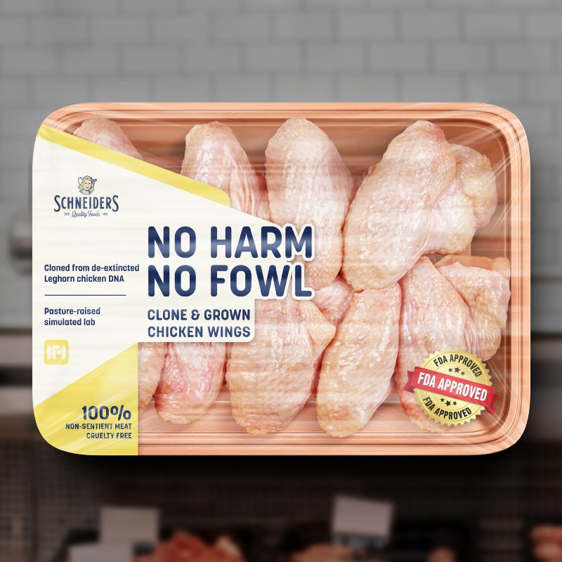 A plastic wrapped package of raw chicken wings with a No Harm No Fowl label on it explaining that they are cruelty free lab grown meat.