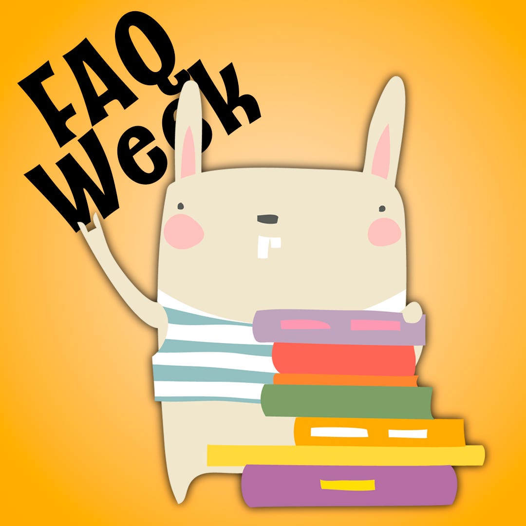 a cartoon bunny with their hand raised over text that reads F-A-Q week