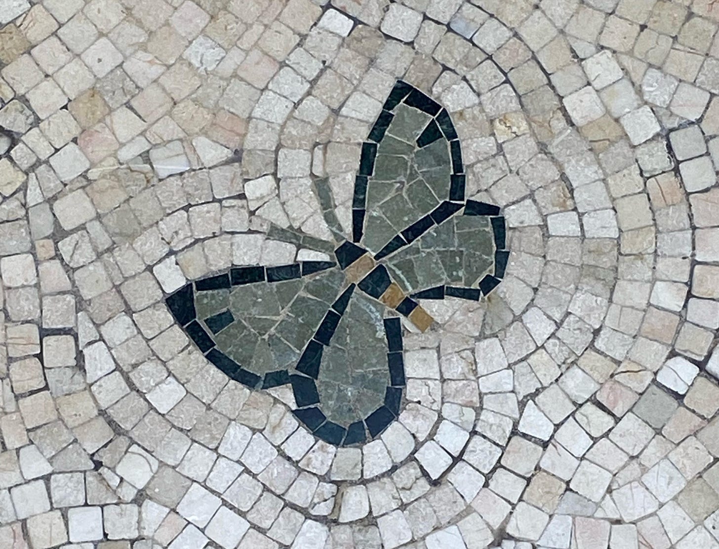 The image of a butterfly is created from small dark pieces of tile, set into a floor of light colored tile.