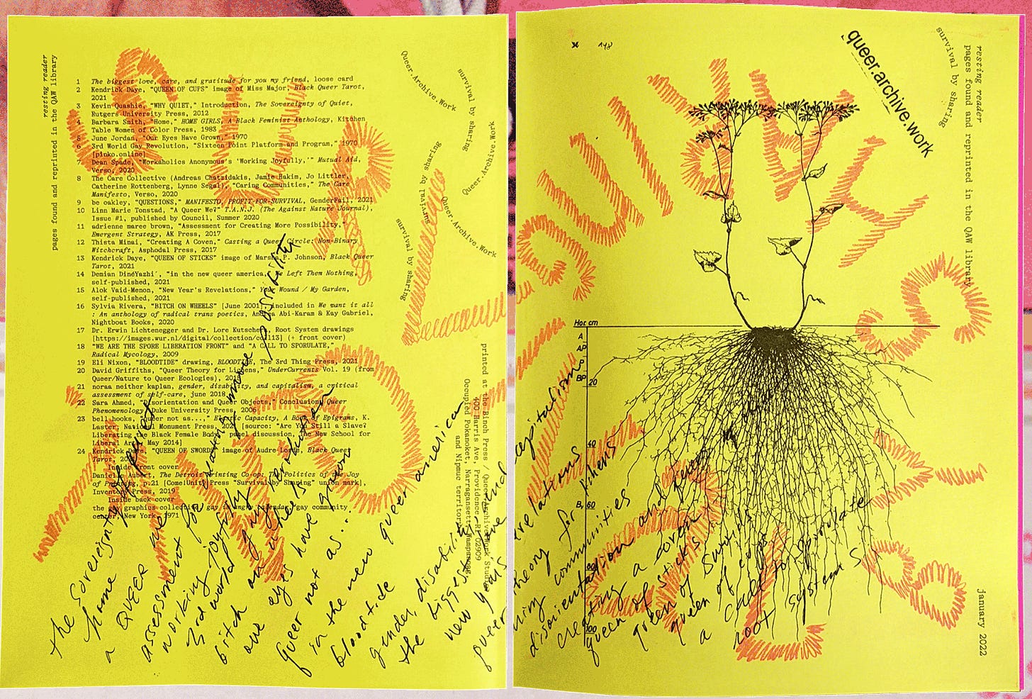 Back and front covers of Resting Reader on yellow paper with orange hand-drawn type saying: Q.A.W. SURVIVAL BY SHARING. There is also a list of contents, scrawled notes and a black ink drawing of a plant and its underground roots.