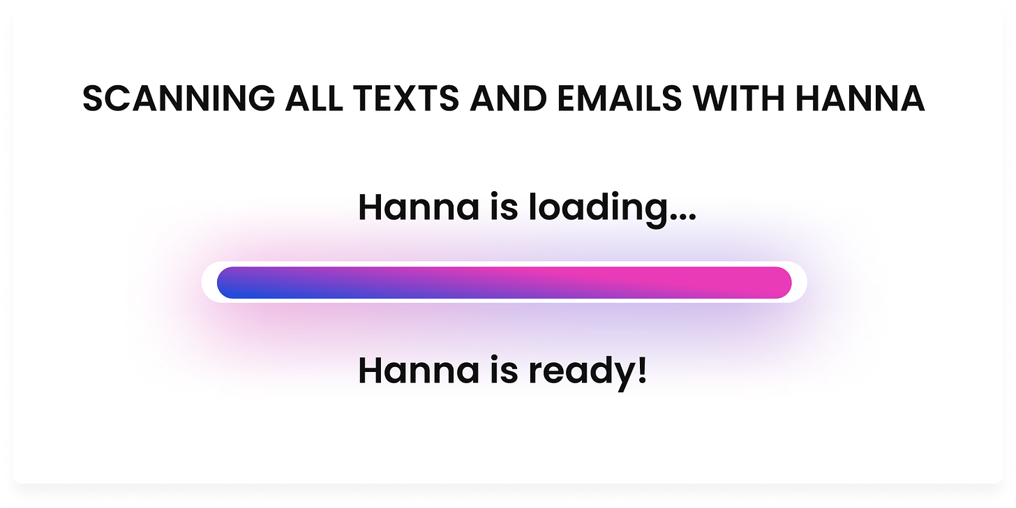Website screenshot reads “SCANNING ALL TEXTS AND EMAILS WITH HANNA.” Subtitle says "Hanna is loading..." A purple progress bar is almost fully loaded. Beneath the progress bar, more text reads “Hanna is ready!” 