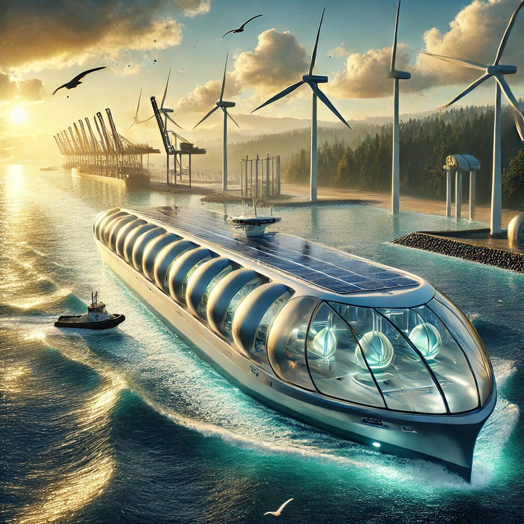 A breathtaking futuristic maritime scene: a cutting-edge cargo ship powered by green hydrogen, with aerodynamic wind-assisted sails unfurled and solar panels reflecting the golden sunlight. The ship glides over crystal-clear blue waters with subtle waves. In the distance, a state-of-the-art eco-port features wind turbines, electric cranes, and green energy infrastructure along a lush, forested coastline. Seagulls soar above, and the sky is painted in soft hues of blue and gold. The scene exudes innovation, sustainability, and hope for a greener future in maritime transport.