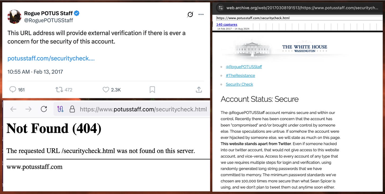three screenshots:  1) 2017 RoguePOTUSStaff tweet with a link to a "security check" on potusstaff dot com  2) screenshot showing that the "security check" page has been removed  3) archive of the "security check" page