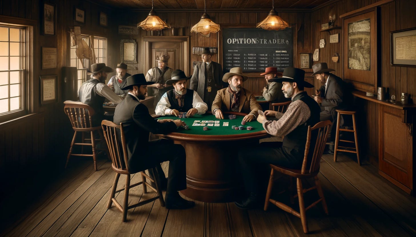 A scene in an old west saloon depicting options traders playing poker. The setting includes classic wooden bar elements, rustic chairs, and a poker table. The traders are dressed in period-appropriate western attire but with subtle modern touches like ties or calculators to suggest they are financial traders. The atmosphere is serious, with the traders deeply focused, conveying a sense of understanding and nuance in trading. The room has old-style lamps and a chalkboard with financial terms written on it, blending the historical and modern trading worlds.