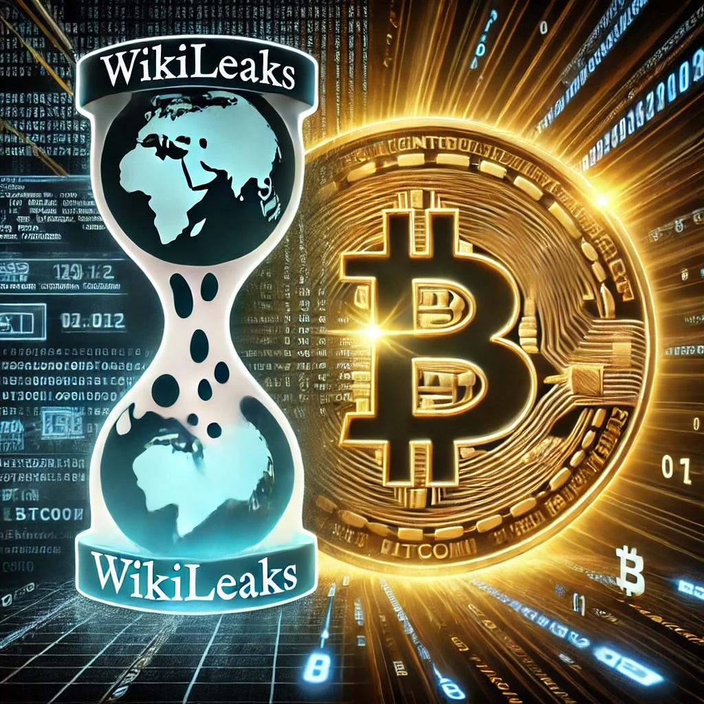 A dramatic image symbolizing WikiLeaks and Bitcoin together. On one side, a representation of WikiLeaks with its iconic hourglass logo dripping information or data, while on the other side, a glowing Bitcoin symbol radiating light. The background reflects themes of transparency, decentralization, and encrypted data. Digital streams of code, binary numbers, and document fragments flow between the two symbols, emphasizing the connection between whistleblowing, freedom of information, and the decentralized financial system. The overall tone is rebellious, with a focus on technology and truth.