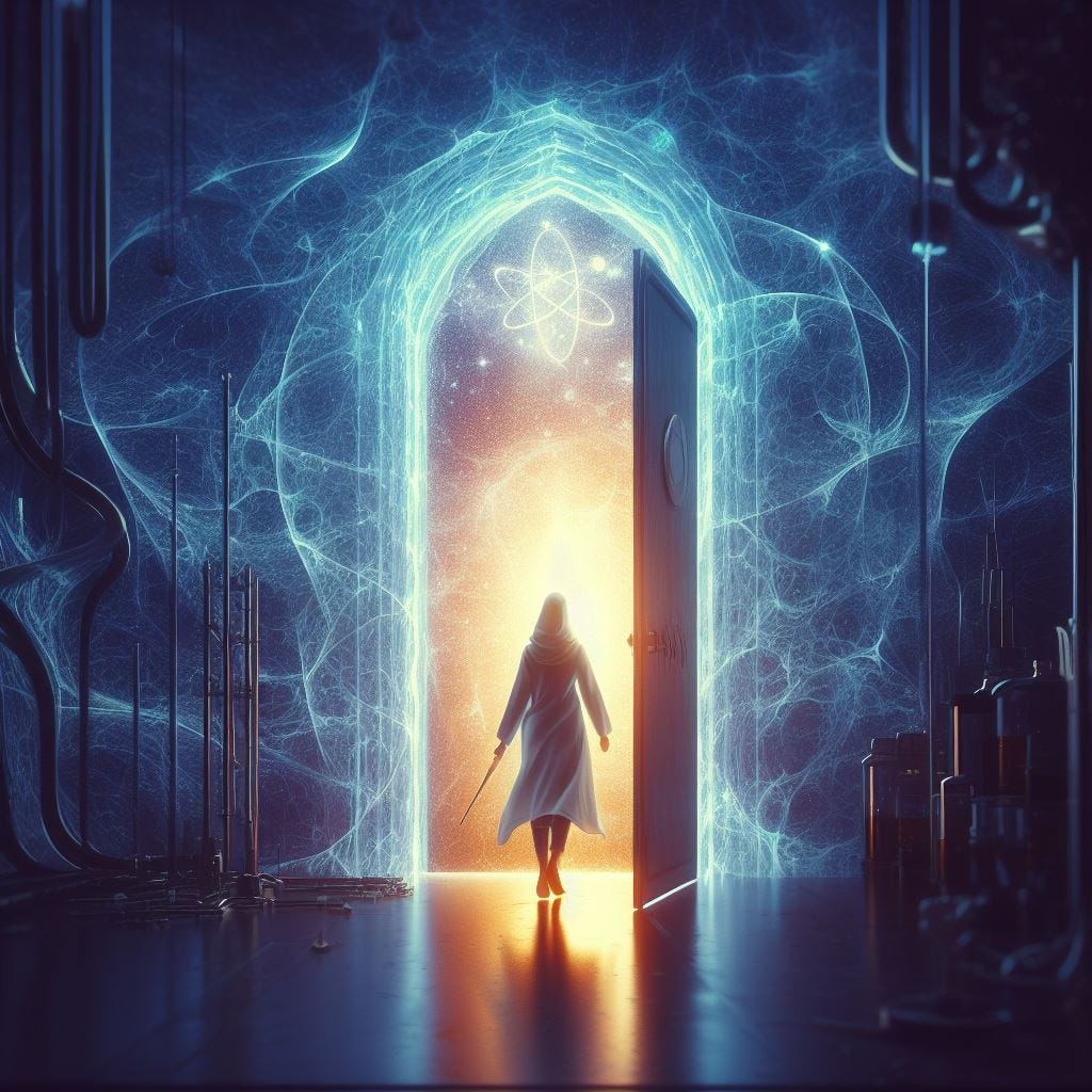A woman in a lab coat, holding a wand, walking through a glowing door.