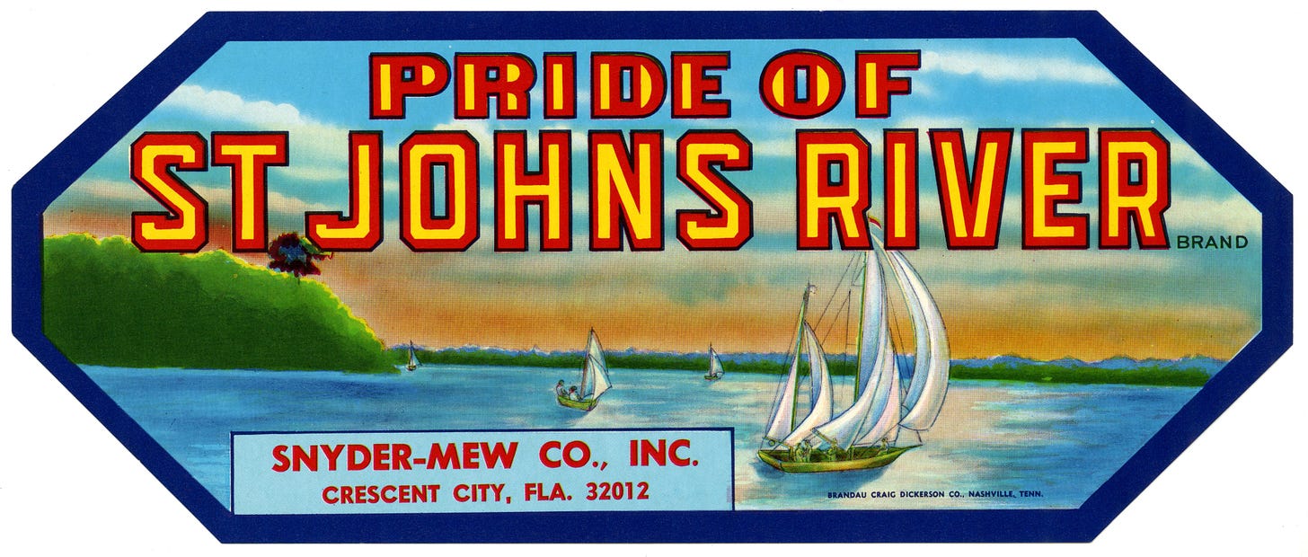 Florida vintage food packing label with sailboats on the St. Johns River.