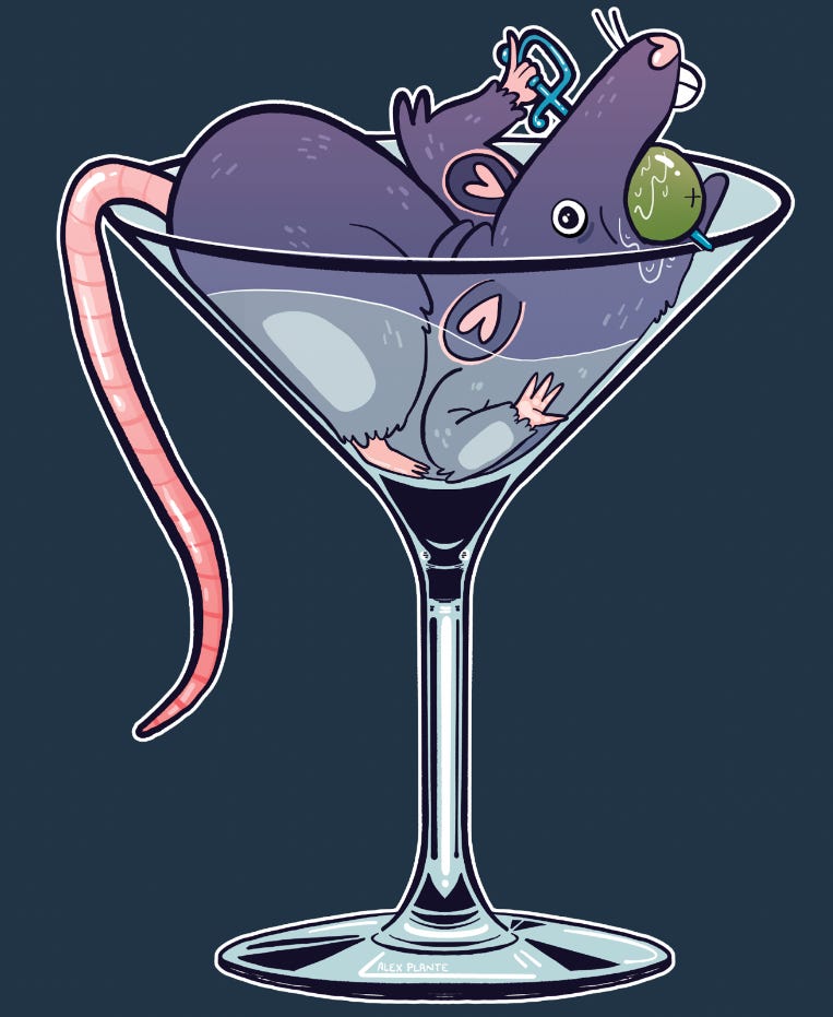 A drawing of a rat in a martini glass, eating an olive.