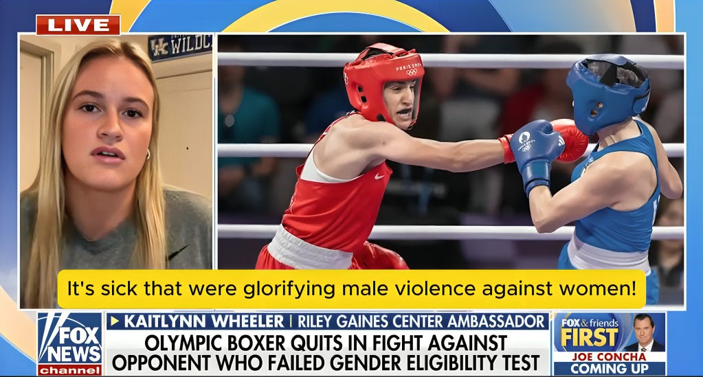 Kaitlynn Wheeler being interviewed on Fox News, stating, 'It's sick that we're glorifying male violence against women!' The image also shows boxer Imane Khelif using his significant power and reach to deliver powerful punches to Angela Carini, highlighting the dangerous disparity in the match.