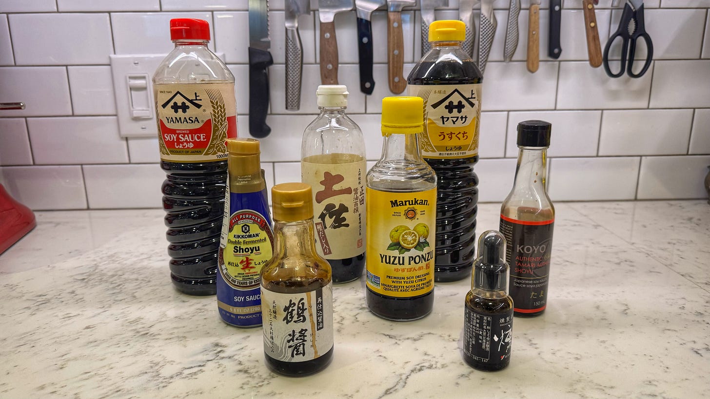 Just the Japanese soy sauces arranged on a kitchen counter