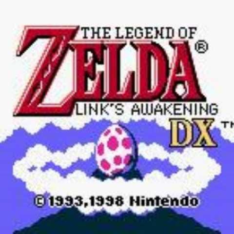 Opening screen of The Legend of Zelda: Link's Awakening DX. A pink spotted egg sits atop a mountain with a ring of clouds around it, rendered in an 8-bit style.