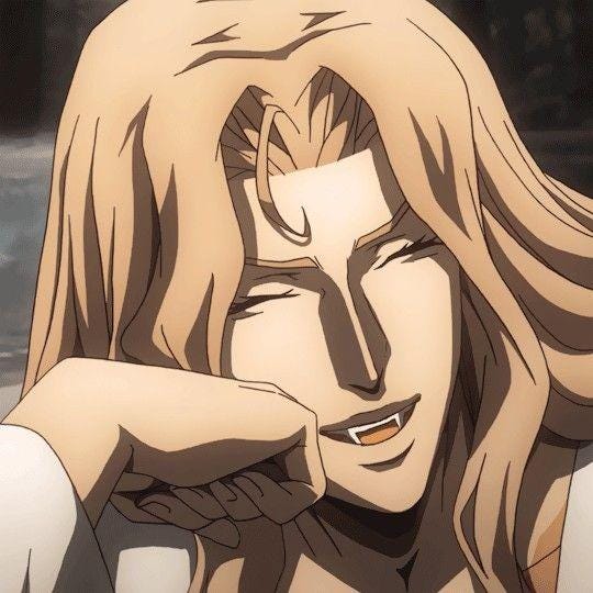 Una rara instantánea de Alucard (un atractivo vampiro rubio dibujado con el estilo del anime occidental, por llamarlo de alguna manera)  sonriendo