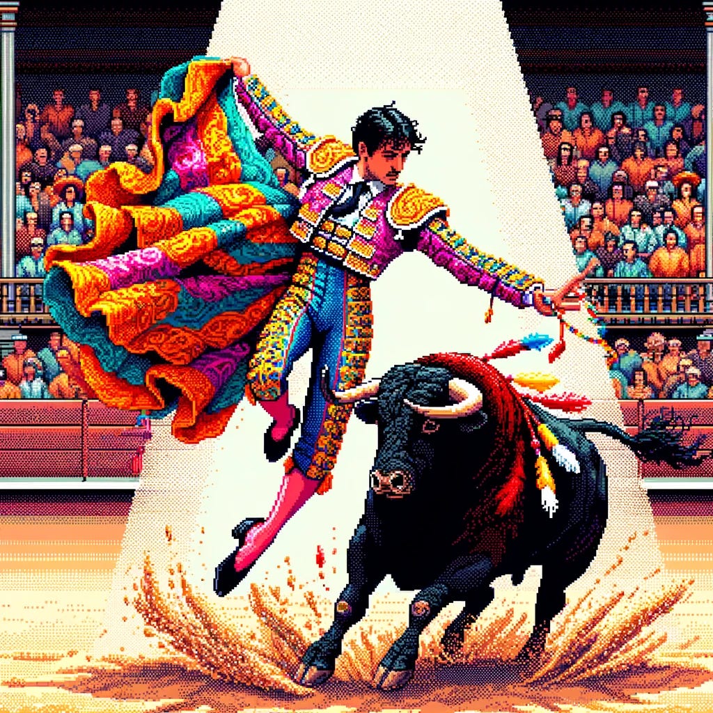 In an 8-bit style reminiscent of classic video games, illustrate a scene with a colorful and flamboyant matador in a dramatic pose, being tossed into the air by a bull in an arena. The matador should be dressed in traditional, decorative matador clothing with bright, vivid colors. The bull should be represented in a dynamic stance, its strength and movement implied by its posture and the matador's airborne position. The background should feature the suggestion of an audience and the sand of the arena, capturing the spectacle without displaying any violence or injury. The overall tone should be one of action and excitement, appropriate for a family-friendly video game scenario.