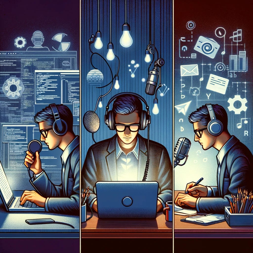 A digital illustration showing the same person engaged in three different activities related to Developer Relations. The first part of the image shows the person intently writing code on a laptop, symbolizing their technical expertise and involvement in software development. The second part captures the person recording a podcast, depicted with a microphone and headphones, illustrating their role in media creation and community engagement. The final part shows the person writing a blog, sitting at a desk with a computer and notepad, highlighting their content creation and thought leadership. The background of each section is subtly differentiated to match the activity, yet the entire image is cohesive, emphasizing the versatility and multi-skilled nature of the individual in Developer Relations.