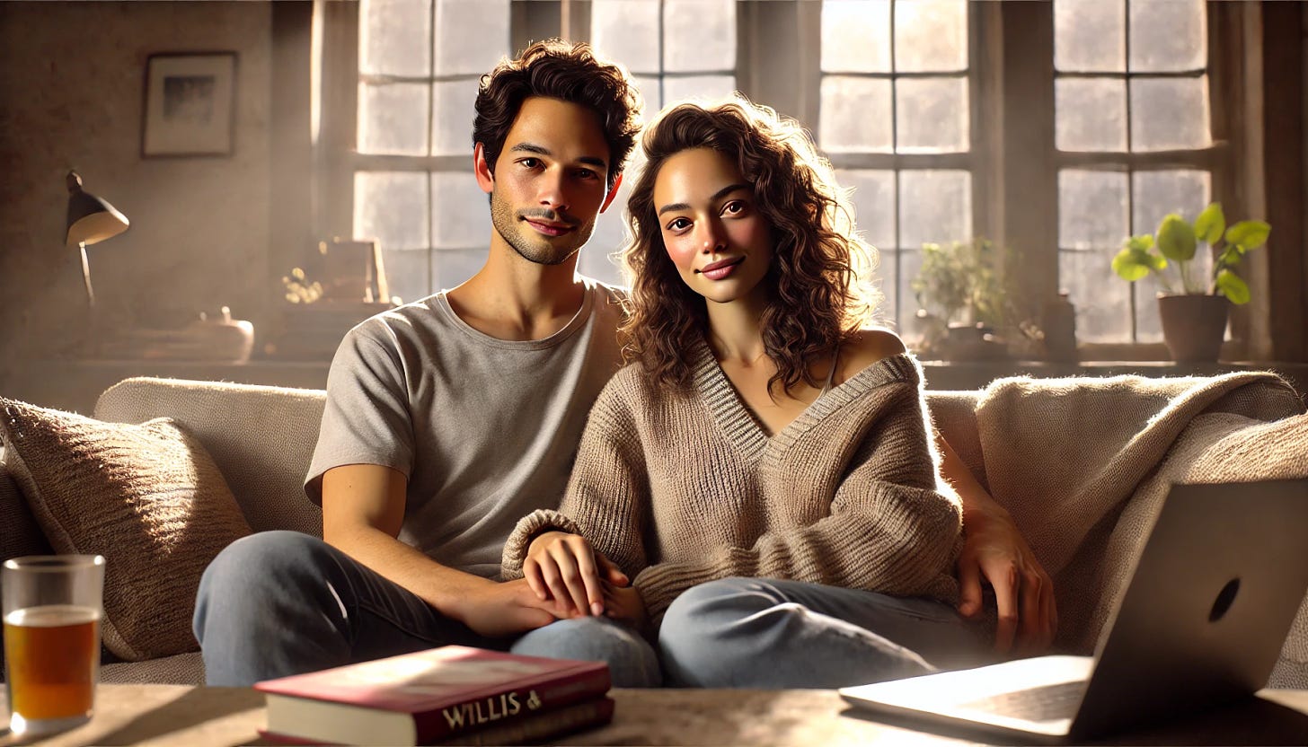 A photo-realistic image of a couple sitting closely together on a couch, representing Willis and Naan in a warm, cozy living room setting. Willis is a mixed-race man in his early 30s, with light brown skin, short curly hair, and a gentle smile, wearing casual, comfortable clothing. Naan, also in her early 30s, has light brown skin, long wavy hair, and a serene expression, wearing a cozy sweater. They are holding hands, with books and a laptop nearby, symbolizing shared interests. Sunlight streams through large windows, casting soft shadows, creating an intimate, loving atmosphere. The scene conveys warmth, connection, and a sense of peace.