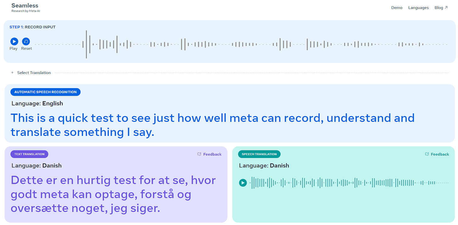 SeamlessM4T translating short voice input into both written and verbal Danish
