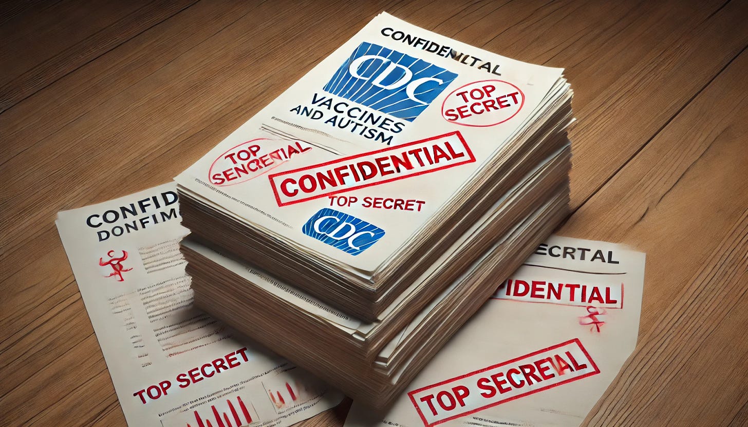 Create a realistic image depicting a stack of confidential documents marked with the CDC logo, related to vaccines and autism. The documents should have red 'Confidential' and 'Top Secret' stamps, with visible but illegible writing and charts to suggest research content. Place the stack on a wooden table with a slightly dimmed background to create a serious, investigative atmosphere. Ensure the text is generic enough to indicate sensitivity without disclosing any specific or sensitive information.