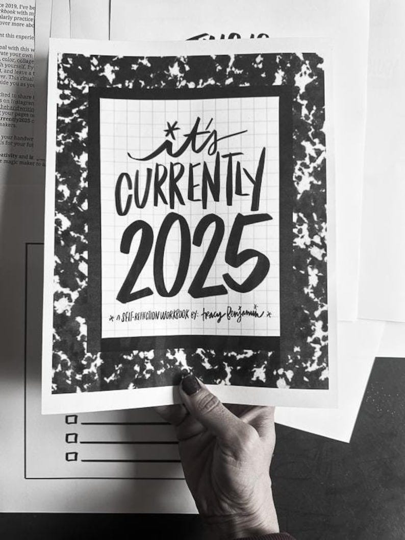 May include: A black and white self-reflection workbook cover. The cover features a notebook-style design with a grid background and the text '*it's currently 2025*' in a stylized handwritten font.  The text 'A SELF-REFLECTION WORKBOOK by Tracy Benjamin' is also visible at the bottom. The overall design is edgy and modern.