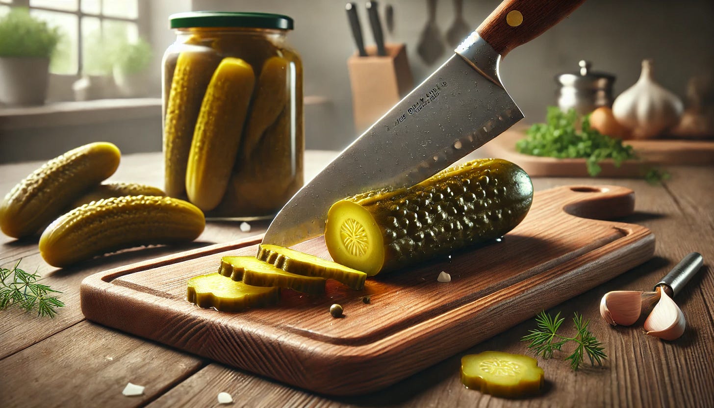 A realistic depiction of a dill pickle being chopped on a wooden cutting board. The scene includes a sharp chef's knife slicing through the pickle, with a few pickle slices scattered around. The setting is a well-lit kitchen with subtle details like a jar of pickles in the background and fresh herbs nearby for garnish. The focus is on the pickle and the knife in action, capturing the texture and shine of the pickle and the grain of the wooden board.