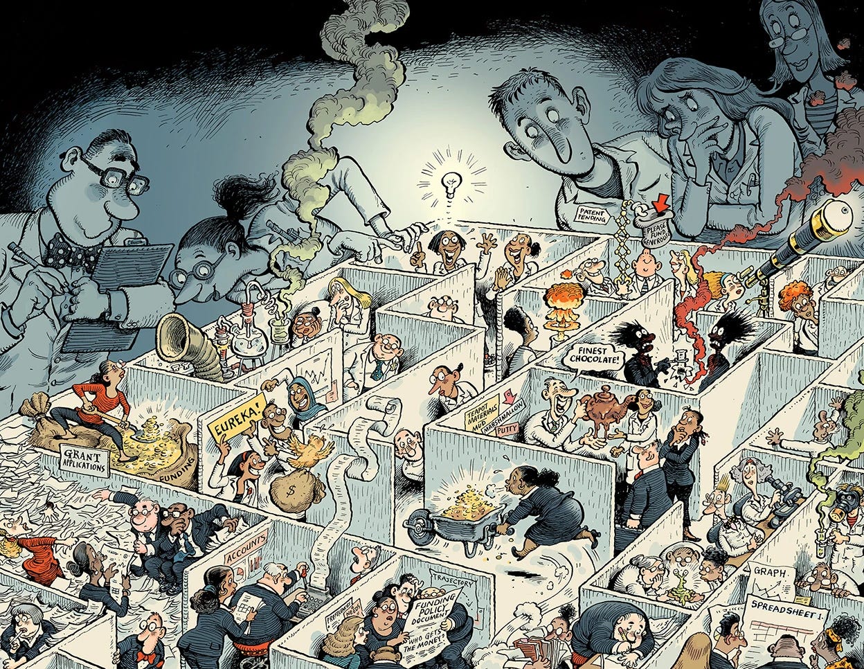 Cartoon, view from above of a maze-like series of office cubicles: scientists in white coats doing experiments, accountants tallying the cost, funders sifting through piles of grant applications. Above, giant scientists in white lab coats observe and take notes
