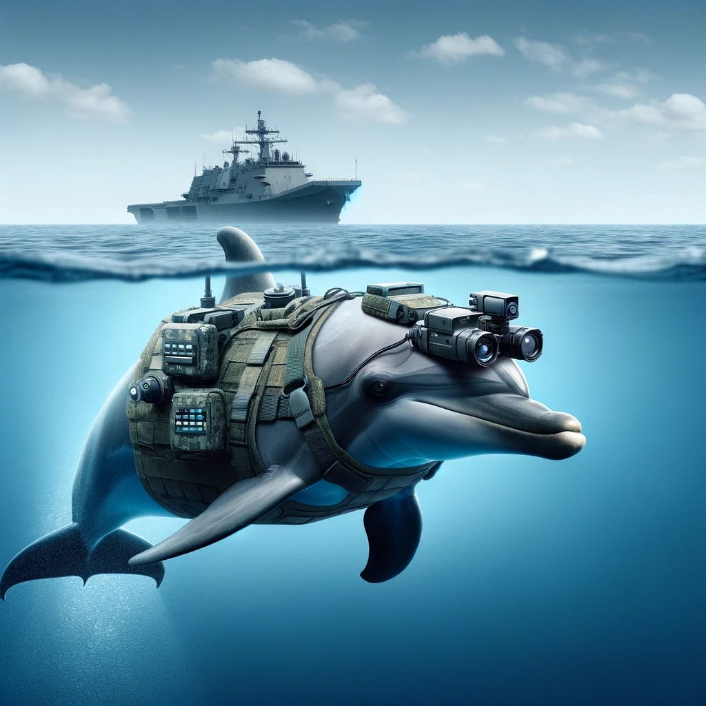 Design an image of a military-trained dolphin wearing a harness equipped with sonar devices and cameras, swimming in the ocean near a naval base. The dolphin should appear intelligent and focused, navigating through the water with a clear sense of purpose. The harness and equipment should look high-tech and specifically designed for underwater espionage tasks, such as mine detection or surveillance. The naval base in the background should be partially visible above the water's surface, indicating the dolphin's role in protecting and gathering intelligence for the military operation.