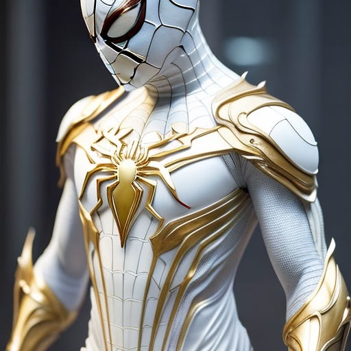 full body shot of spiderman in white and gold armour style suit, no mask on, white cape, looking at center camera, perfect composition, beautiful detailed intricate insanely detailed octane render trending on artstation, 8 k artistic photography, photorealistic concept art, soft natural volumetric cinematic perfect light, chiaroscuro, award - winning photograph, masterpiece, oil on canvas, raphael, caravaggio, greg rutkowski, beeple, beksinski, giger, trending on artstation, sharp focus, studio photo, intricate details, highly detailed, night city background, by greg rutkowski