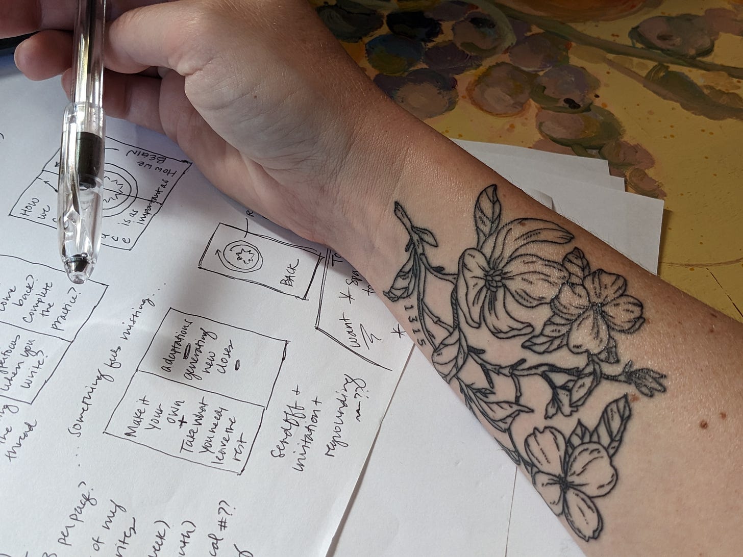 My arm rests on a page of notes, and there is a black linework tattoo on my wrist and inner forearm. The tattoo is of a dogwood branch in bloom.